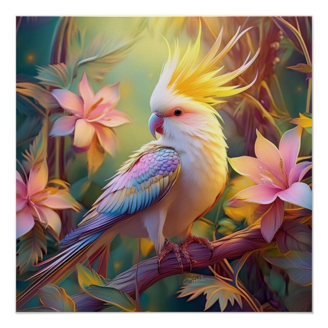 Póster Loro Cacatúa Ala Irisada Ave Fantasía (Anverso)