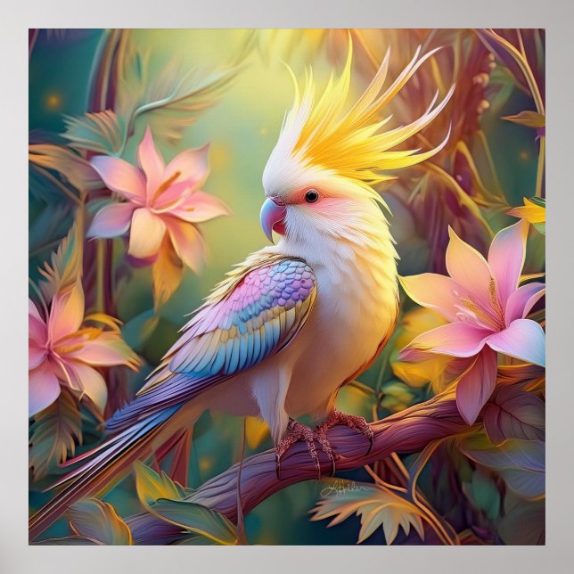 Póster Loro Cacatúa Ala Irisada Ave Fantasía (Frente)