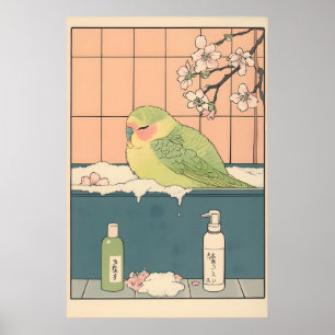 Póster Loro en bañera Ukiyo-e Print Pájaro divertido