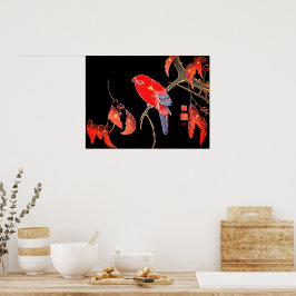 Póster Loro Rojo Japonés en una rama de árbol por Ito Jak