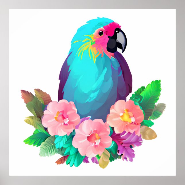 Póster Loro tropical azul con flores tropicales (Frente)
