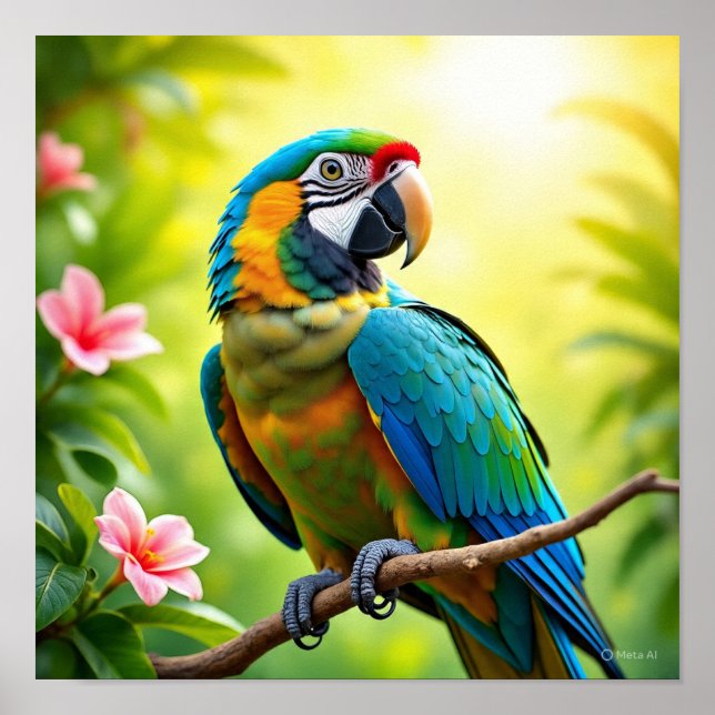 Póster Loro tropical con flores (Frente)