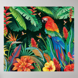 Póster Loro tropical: fondo floral exótico.