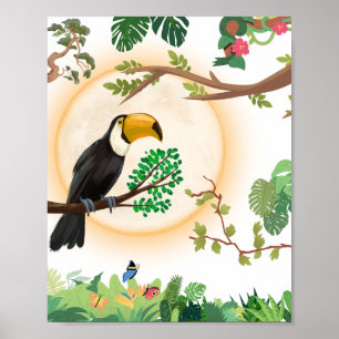 Póster Loro Tropical & Hojas de Jungla Estética Pared