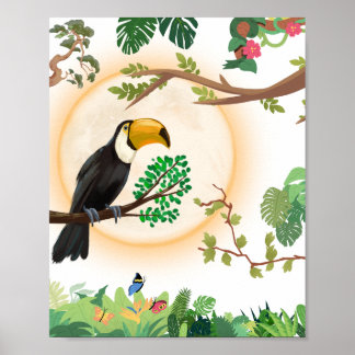 Póster Loro Tropical & Hojas de Jungla Estética Pared
