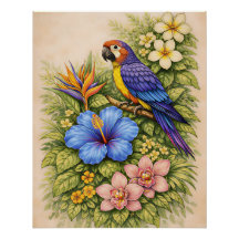 Loro Tropical Vibrante Botánico Floral