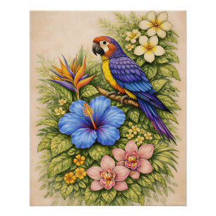 Póster Loro Tropical Vibrante Botánico Floral