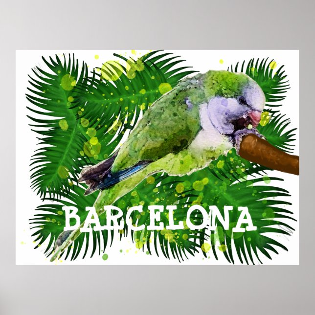 Póster Loro verde y hojas de palmera acuarela (Frente)