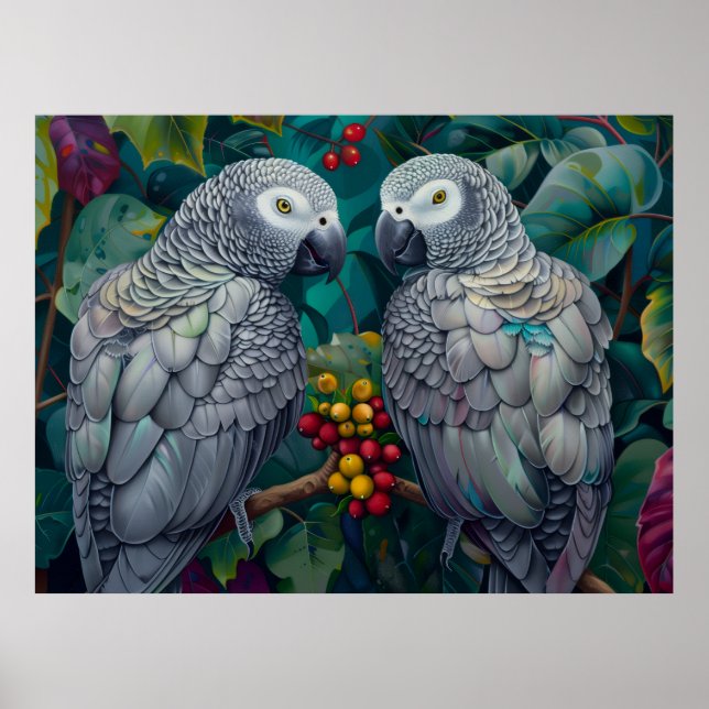 Póster Loros Grises Africanos Dúo de Caqui-Bayas  (Frente)