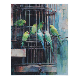 Póster Loros Verdes Azules Tropicales Arte de Jaula Rústi