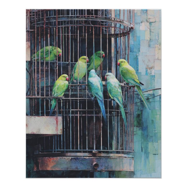 Póster Loros Verdes Azules Tropicales Arte de Jaula Rústi (Anverso)