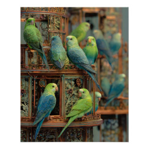Póster Loros Verdes Azules Vibrantes Arte de Percha Exóti