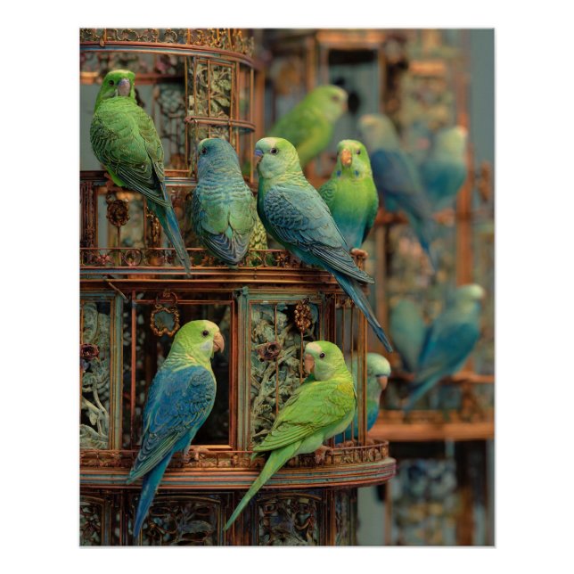 Póster Loros Verdes Azules Vibrantes Arte de Percha Exóti (Anverso)