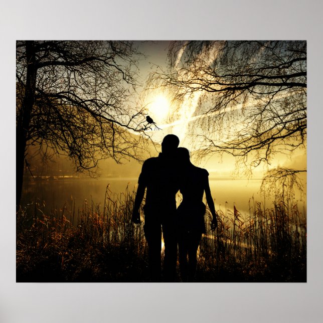 Póster Los amantes románticos de la silueta al atardecer (Frente)