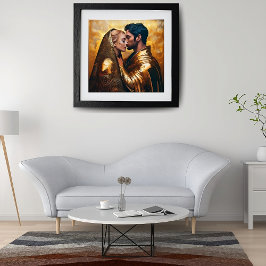 Póster Los amantes románticos se besan en el fondo dorado