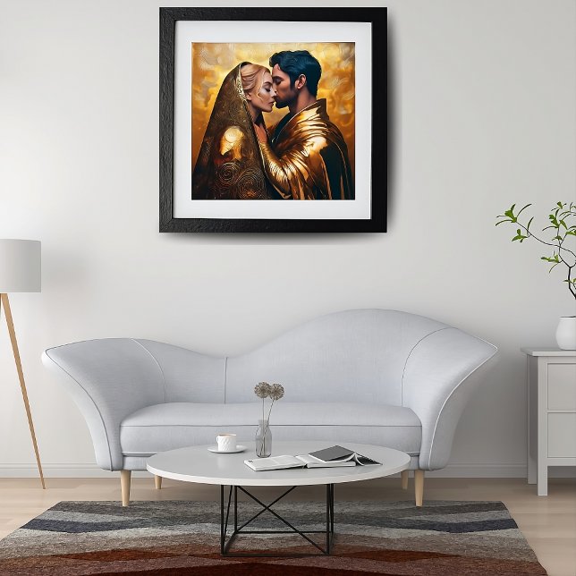 Póster Los amantes románticos se besan en el fondo dorado (Subido por el creador)