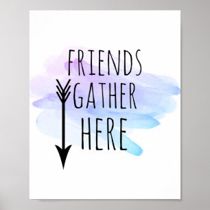 Póster los amigos se reúnen aquí color púrpura y azul