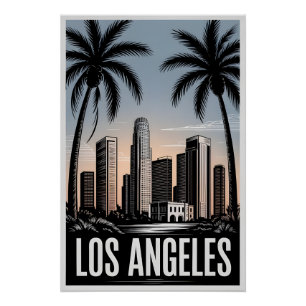 Póster Los Ángeles California Grabado en Madera Blanco y
