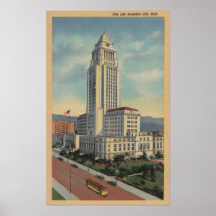 Póster Los Angeles, CAView of City Hall and Cable Car