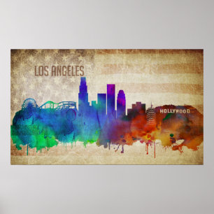 Póster Los Ángeles, horizonte de la ciudad de la acuarela
