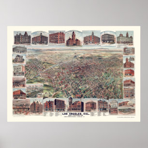 Póster Los Ángeles, mapa panorámico de CA - 1891