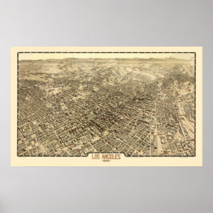 Póster Los Ángeles, mapa panorámico de CA - 1909
