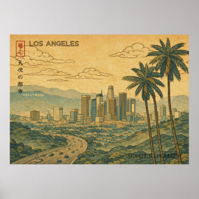 Póster Los Angeles Skyline in Japanese Ukiyo-e (Frente)