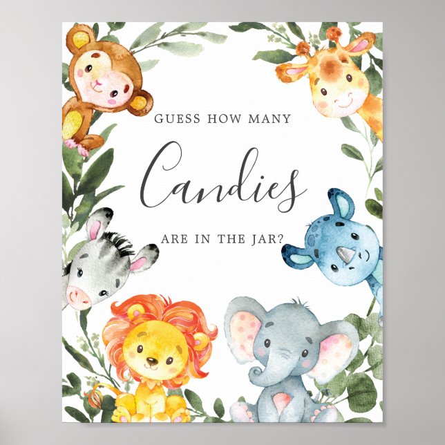 Póster Los animales de la jungla Baby Shower adivinan cuá (Frente)