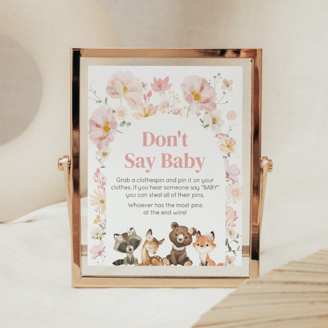Póster Los animales de las tierras boscosas de flores ros (Pink Flower Woodland Animals Baby Shower Don't Say Baby Sign)