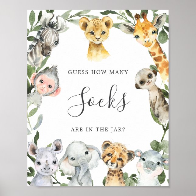 Póster Los animales de Safari Baby Shower adivinan cuánta (Frente)