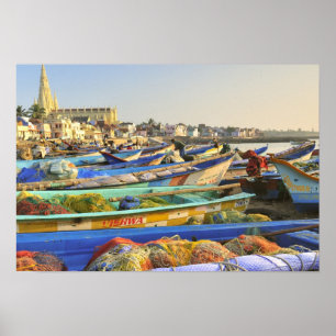 Póster Los barcos que se están preparando para pescar, La