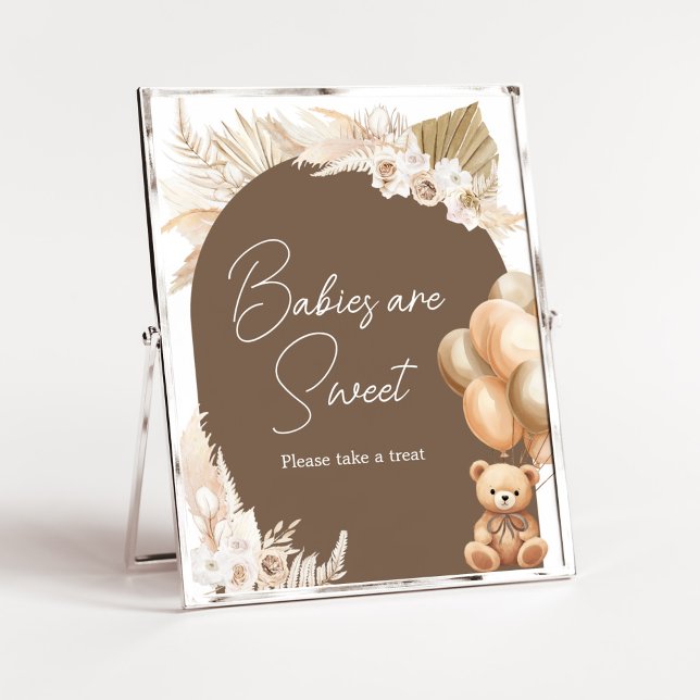 Póster Los bebés con globo de oso boho marrón son dulces (Brown Balloons Baby Shower Babies are Sweet Sign)