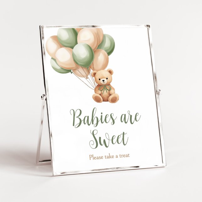 Póster Los bebés con globo de oso verde sabio son dulces (Green Boho Bear Baby Shower Babies are Sweet Sign)