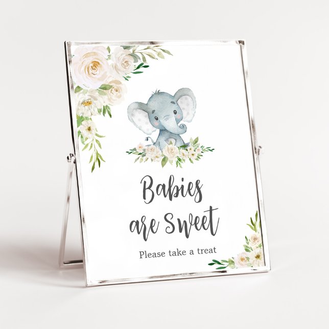 Póster Los bebés elefantes blancos florales son dulces (A Little Peanut is on the Way Baby Shower Babies are Sweet Sign)