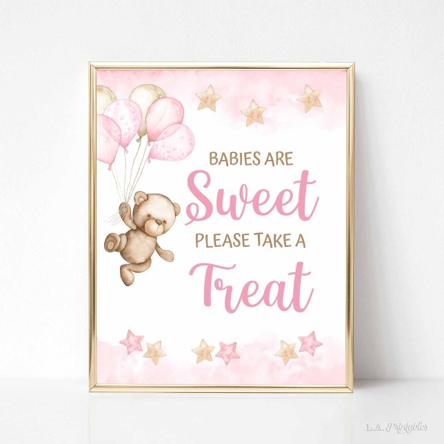 Póster Los bebés son dulces Rótulos Teddy Bear Tema (Babies are Sweet Please Take a Treat Pink Teddy Bear Theme)