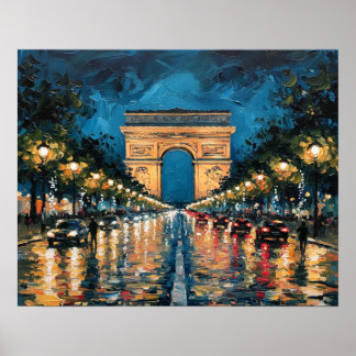 Póster Los Campos Elíseos París Francia Por La Noche