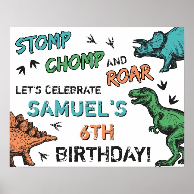 Póster Los dinosaurios Stomp Chomp Roar Fiesta de Cumplea (Frente)