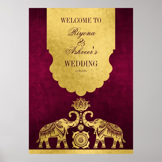 Póster Los elefantes de oro y marrón reciben a los bodas  (Frente)