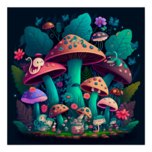 Póster Los elfos de hongos en el campo