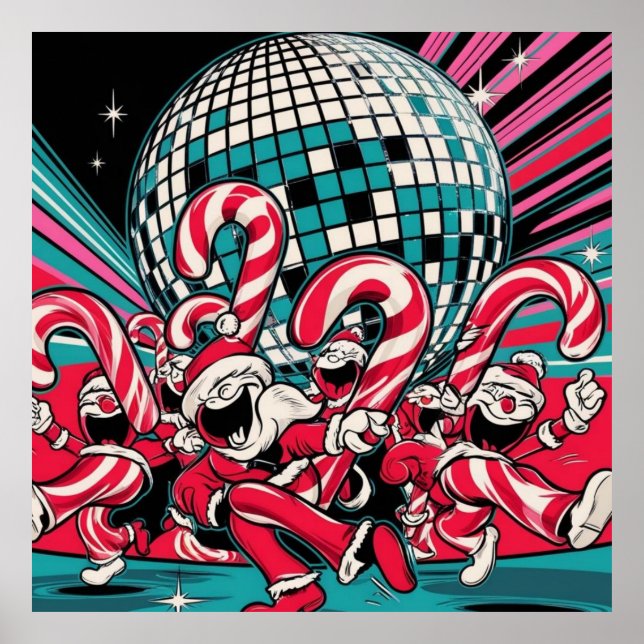 Póster Los elfos de Santa Candy Canes bailan bajo disco (Frente)