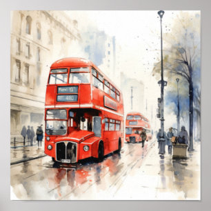 Póster Los emblemáticos autobuses rojos de doble decoraci