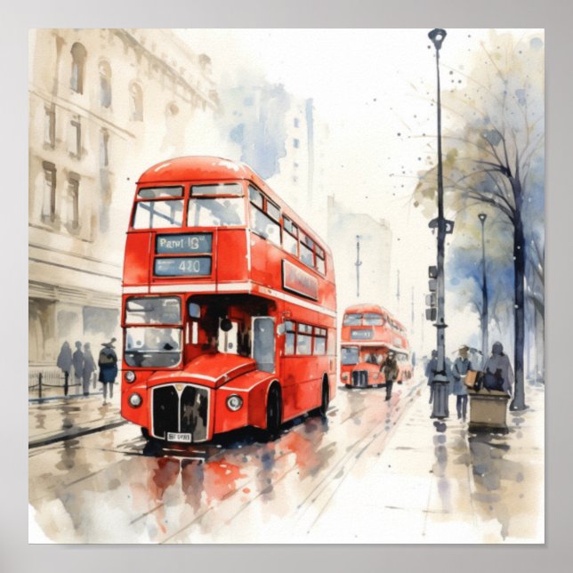 Póster Los emblemáticos autobuses rojos de doble decoraci (Frente)