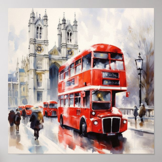 Póster Los emblemáticos autobuses rojos de doble decoraci (Frente)