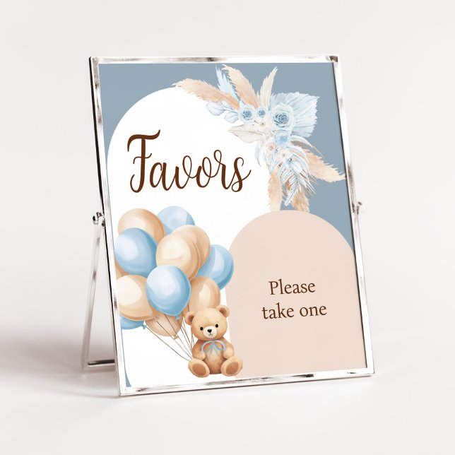 Póster Los favoritos de Baby Shower en globo de oso azul (Boy Bear Arch Balloon Baby Shower Favors Sign)
