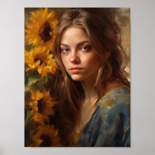 Póster Los girasoles y una mujer rubia