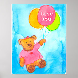 Póster Los globos de oso rosado Teddy te aman