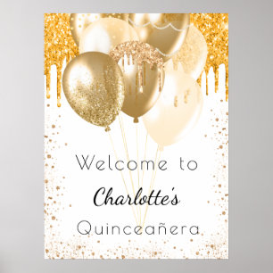 Póster Los globos purpurinas de oro blanco de Quinceanera