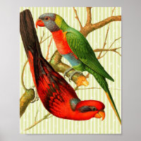 Los loros rojos y verdes vintage sobre fondo bambú