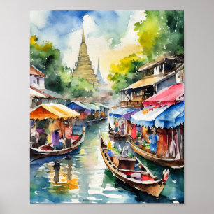 Póster Los mercados flotantes de Bangkok acuarela Tailand