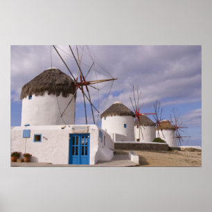 Póster Los molinos de viento de Mykonos en las islas grie